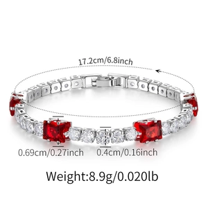 Detailed dimensions of tennis bracelet with red stones and square zircons crystals