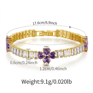 Detail of 18K gold plated bracelet with purple heart clover and dimensions info