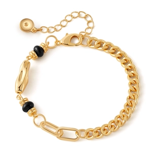 Elegante bracciale a catena placcato oro 18K con perline nere e ciondolo in metallo