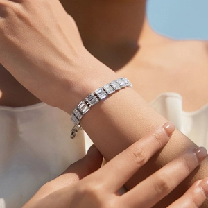 Elegant double-row rectangle zircon bracelet in silver finish on woman's wrist