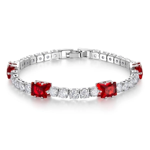 Elegant silver tennis bracelet with brilliant white crystals and red floral accents