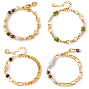Elegante Braccialetto in Rame Placcato Oro 18K per Donna Fatto a Mano in Pietra Naturale Ametista Turchese Perla Artificial Barocca Catena a Maglie Gioielli