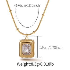 Detail showing dimensions of the gold-tone necklace with a square cubic zirconia pendant