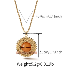Detailed view of sun flower pendant necklace with size specs and orange stone center