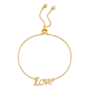 Detail of adjustable gold bolo bracelet featuring zircon-encrusted Love and heart charms