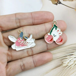 Cartoon bunny and cherry enamel alloy charms for DIY jewelry and keychain accessories