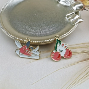 Cute enamel alloy charms with white rabbit in red shoe and cherry rabbit for DIY jewelry