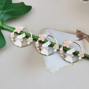 DIY Alloy Enamel Rabbit Sakura Garland Pendant Cute Animal Cherry Blossom Charm For Earrings Necklace Jewelry Making Accessory