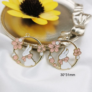 30x31mm gold rabbit wreath pendants with cherry blossom enamel for DIY jewelry making