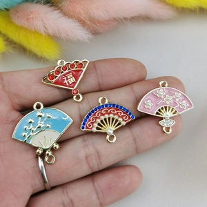 Chinese style alloy fan pendants with rhinestones and enamel for DIY jewelry making