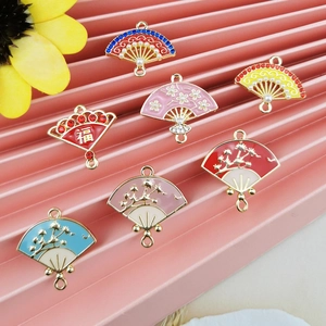 Chinese style alloy fan pendants with enamel and rhinestones for DIY jewelry making