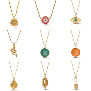Collana Con Ciondolo Malocchio in Acciaio Inossidabile Vintage per Donna Placcato Oro Serpente Conchiglia Sole Smalto Strass Perla Artificiale