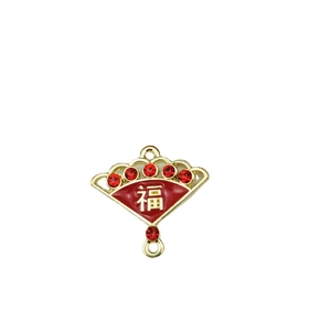 Traditional Chinese red fan pendant with Fu character and rhinestones for DIY jewelry