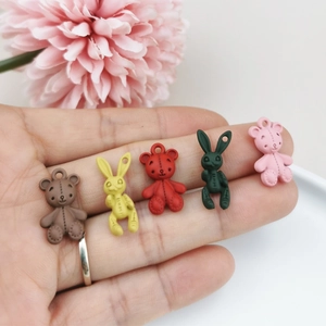 Five cute matte resin teddy bear and rabbit pendants for DIY jewelry making
