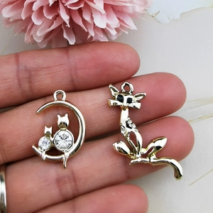 Pendentifs chat et lune en alliage doré avec strass pour bijoux et accessoires DIY