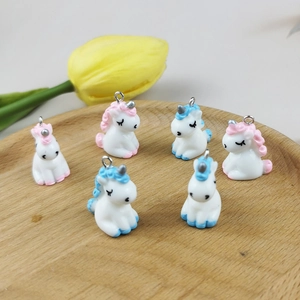 Set of 6 cute 3D resin unicorn charms for DIY jewelry making, pink and blue manes