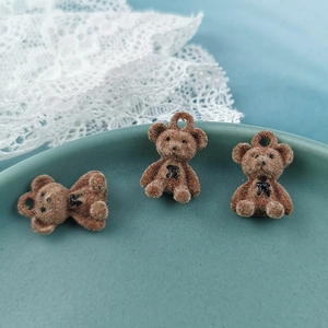 Three brown flocked bear pendants with bow ties for DIY jewelry making and crafts