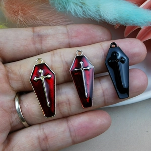 Gothic coffin pendants with cross design in red and black enamel for DIY jewelry making