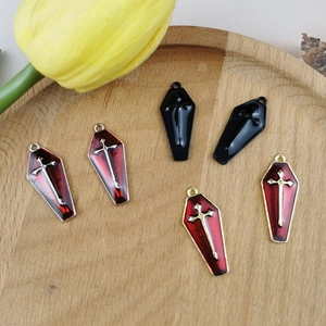 Halloween coffin pendants with cross design in black and red enamel for jewelry DIY