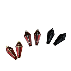 Gothic coffin pendants with crosses in red and black enamel for DIY jewelry making