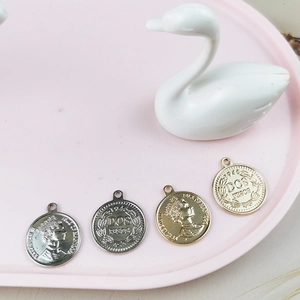 Golden and silver coin charms for DIY jewelry featuring Elizabeth II and Dos Pesos relief
