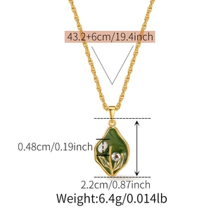 Detailed dimensions of 18K gold plated necklace with green leaf and pearl pendant