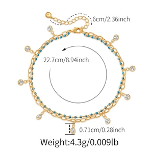 Specifiche delle dimensioni per una cavigliera dorata a strati con perline blu e zirconi