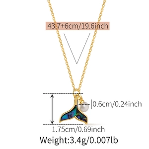 Detailed dimension guide for gold fishtail necklace with abalone shell and pearl
