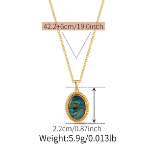 Detailed size specifications for gold necklace with oval abalone shell pendant