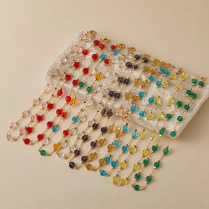 Rainbow glass bead collar necklace with gold-plated link chain for women's summer style