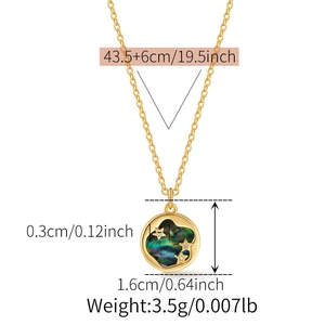 Detailed size map of gold star moon necklace with abalone shell circle pendant