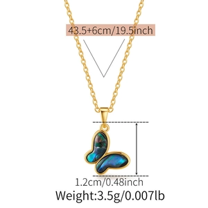 Detailed dimensions of gold butterfly shell pendant necklace showing 43.5cm chain length