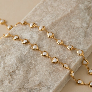 French vintage gold heart chain necklace with mother-of-pearl inlays on natural stone