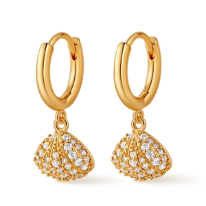 Gold plated ocean shell hoop earrings with sparkling white zircon pave for women