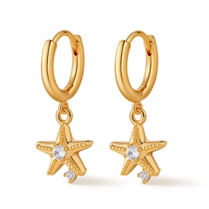 Elegant gold starfish hoop earrings with sparkling zircon crystals and textured beads