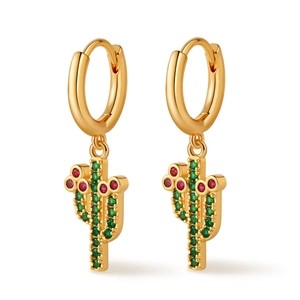 18K gold plated cactus hoop earrings with green and pink zircon stones for women