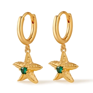 18K gold-plated starfish hoop earrings with green zircon centers in a maritime style
