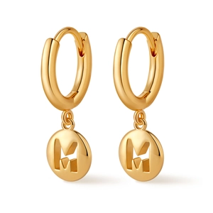 18K gold plated hoop earrings with circular M letter pendant and zircon accents