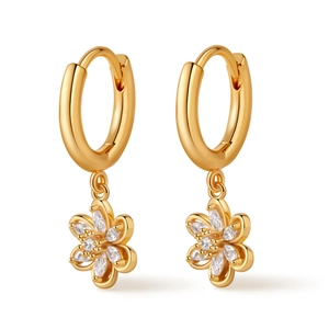 Close-up of 18K gold plated hoop earrings with hollow flower pendants and zircon stones