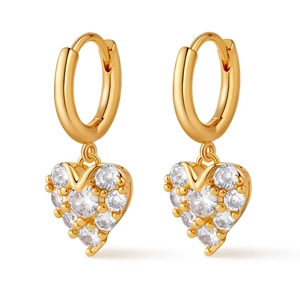 Close-up of gold heart drop earrings featuring micro-pave white cubic zirconia stones