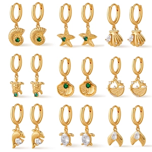 18K Gold Plated Copper Ocean Series Hoop Earrings Zircon Starfish Conch Dolphin Whale Tail Turtle Shell Marine Charm Jewelry For Women