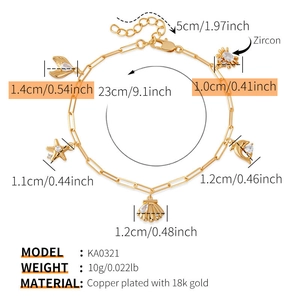 Spécifications de taille détaillées du bracelet de cheville doré avec étoiles de mer et coquillages