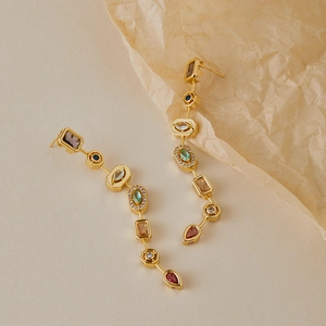 Orecchini pendenti vintage geometrici con pietre colorate e placcatura oro 18K