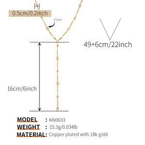 Detailed size specifications for a gold Y-shaped necklace with cubic zirconia