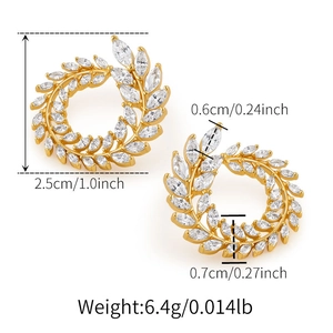 Detailed view of gold leaf earrings with marquise-cut zircons and size measurements