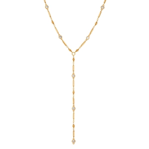 Minimalist Y-shaped long gold plated necklace featuring zircon stones and metal bead accents