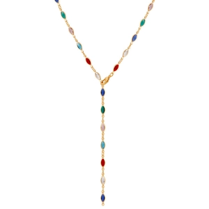 Détail du collier en Y plaqué or avec pierres marquises multicolores et fermoir mousqueton