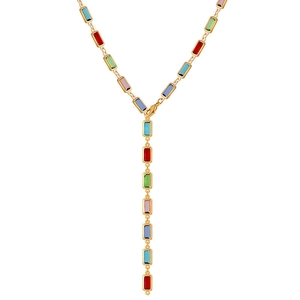 Détail du collier en Y doré avec des inserts en verre rectangulaires colorés et chic
