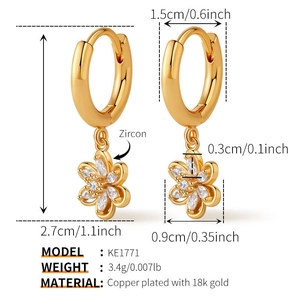 Detailed view of 18k gold plated flower drop earrings with dimensions and zircon inlay