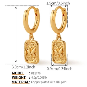 Detailed size specifications for gold butterfly pendant hoop earrings with 18k gold plating